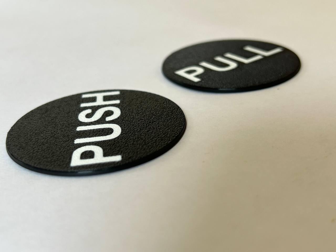 Push Pull Door Signs, Black Circular, White Text, Set of 2