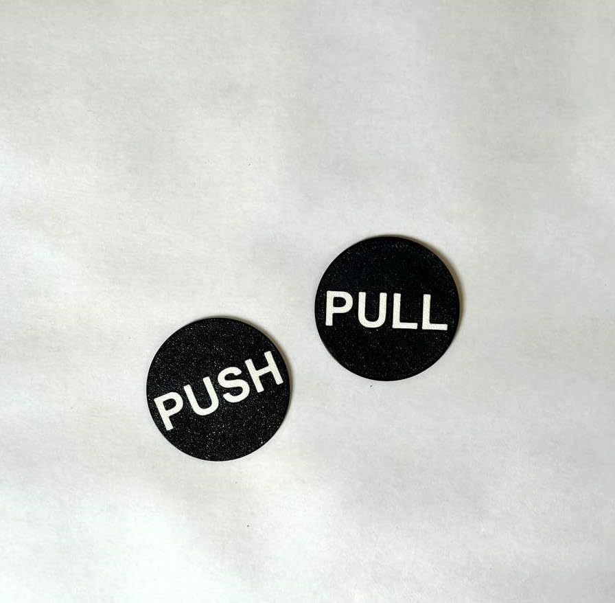 Push Pull Door Signs, Black Circular, White Text, Set of 2