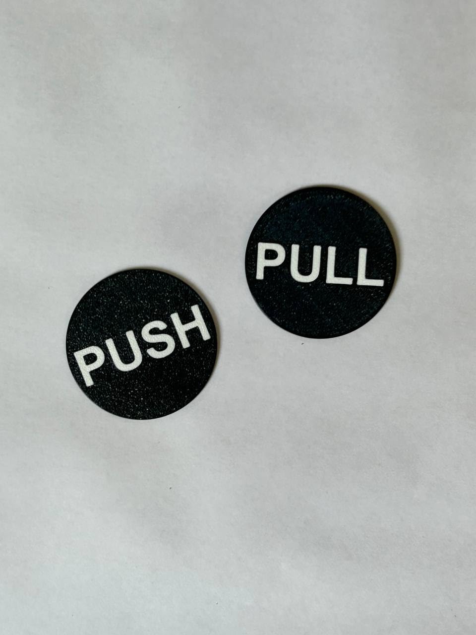 Push Pull Door Signs, Black Circular, White Text, Set of 2