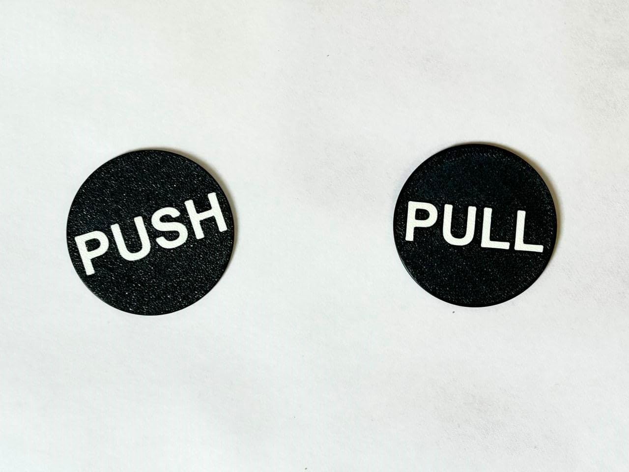 Push Pull Door Signs, Black Circular, White Text, Set of 2