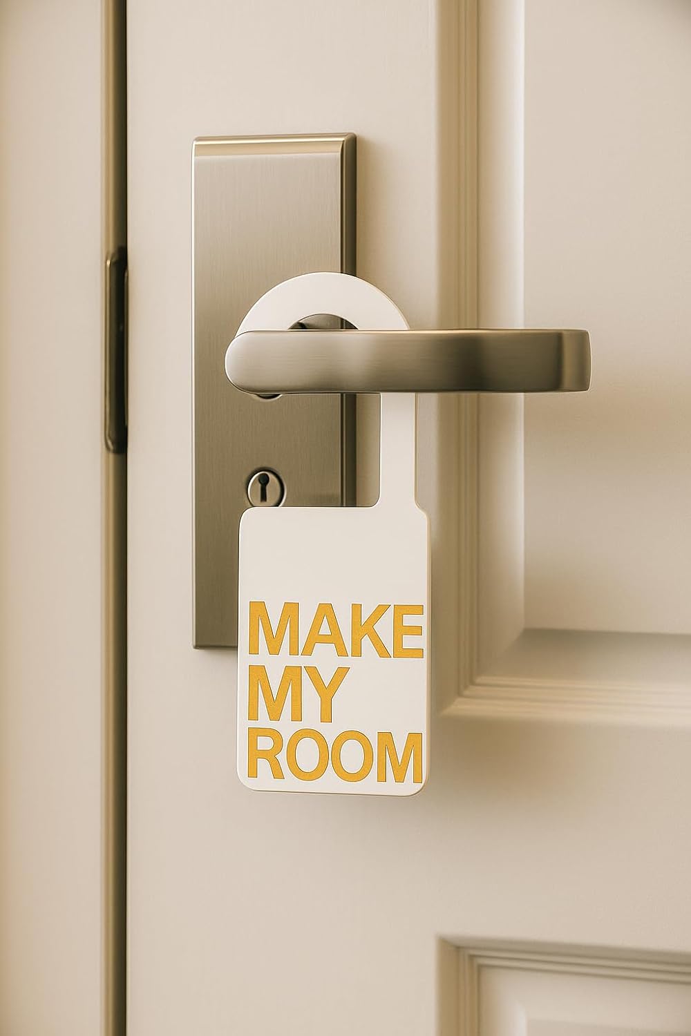 Double-Sided Door Hanger Sign, Do Not Disturb and Make My Room, White Plastic with Black and Yellow Text