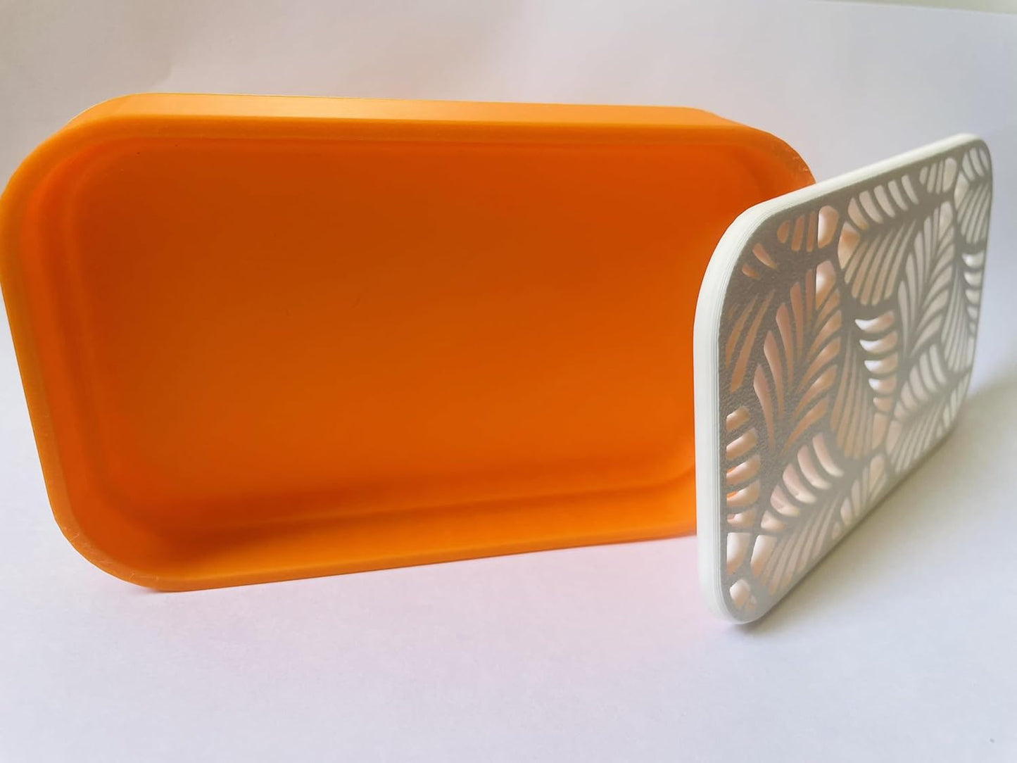 Decorative Soap Dish with Palm Leaf Pattern, Orange Base with White Cover