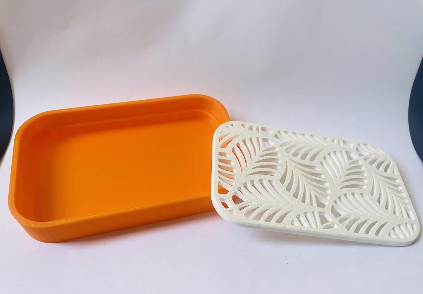 Decorative Soap Dish with Palm Leaf Pattern, Orange Base with White Cover