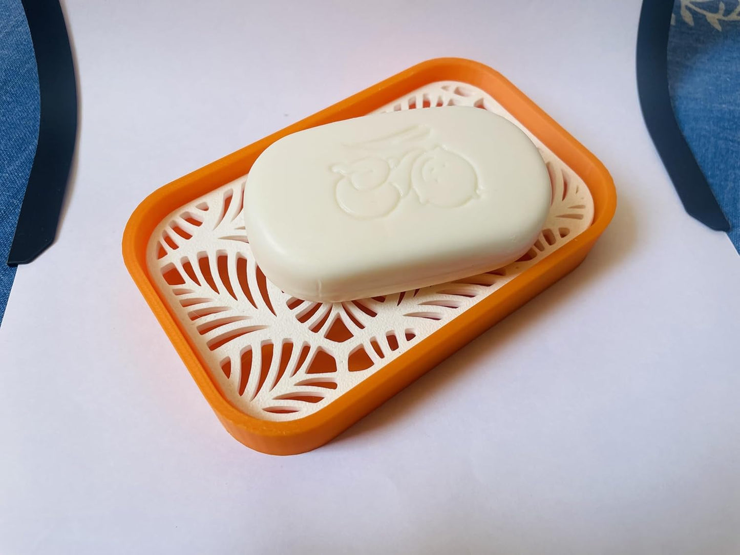 Decorative Soap Dish with Palm Leaf Pattern, Orange Base with White Cover