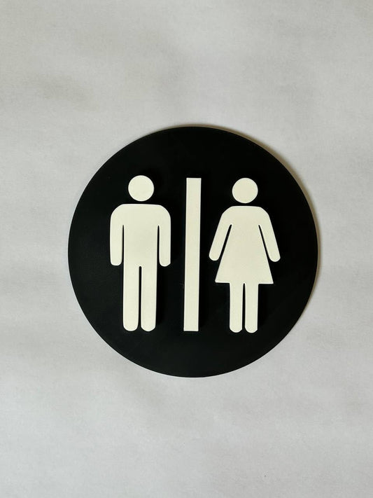 Unisex Restroom Sign, Round Black and White, Modern Design