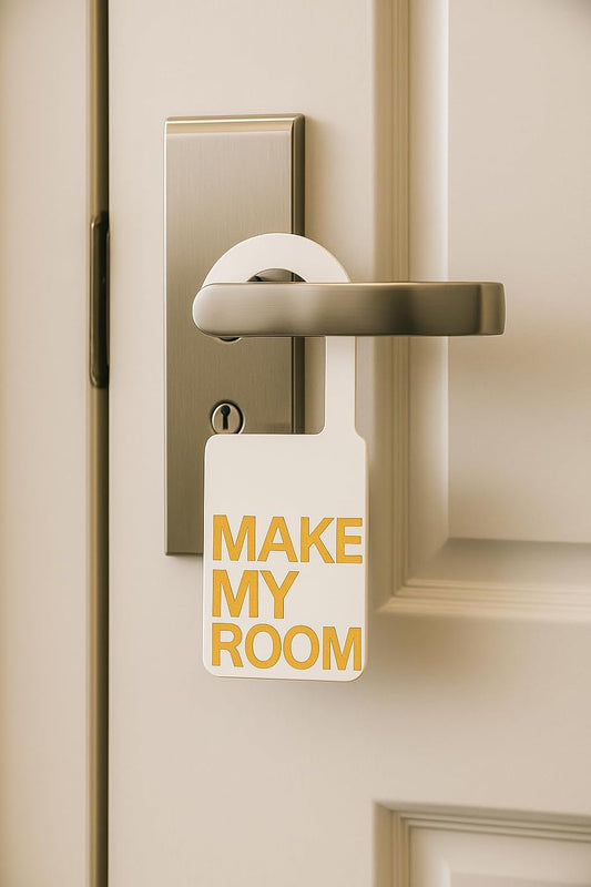 Double-Sided Door Hanger Sign, Do Not Disturb and Make My Room, White Plastic with Black and Yellow Text